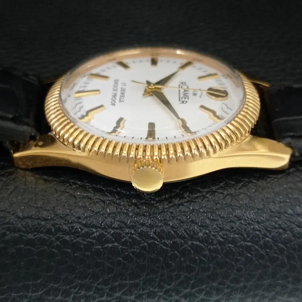 Vintage 1976 Roamer Manual Mens Gold Watch W/Leather Strap & White accents